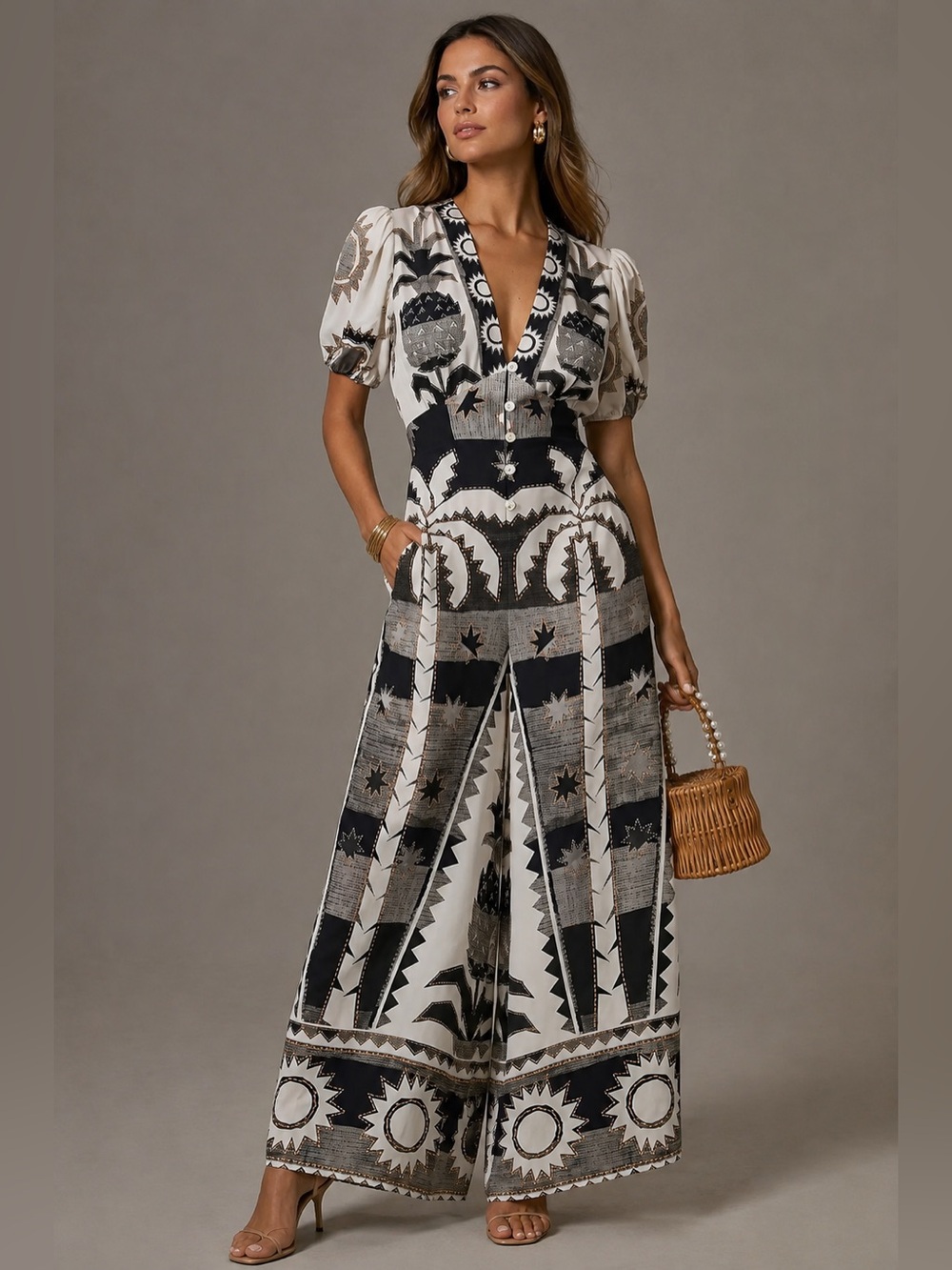 Anthropologie Farm Rio Printed Puff-Sleeve Linen Jumpsuit